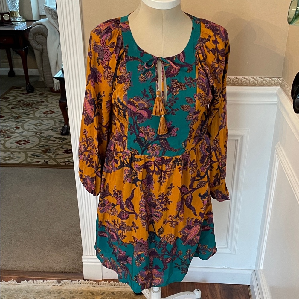 Anthropologie Teal and Mustard Silk Floral Long Sleeve Dress